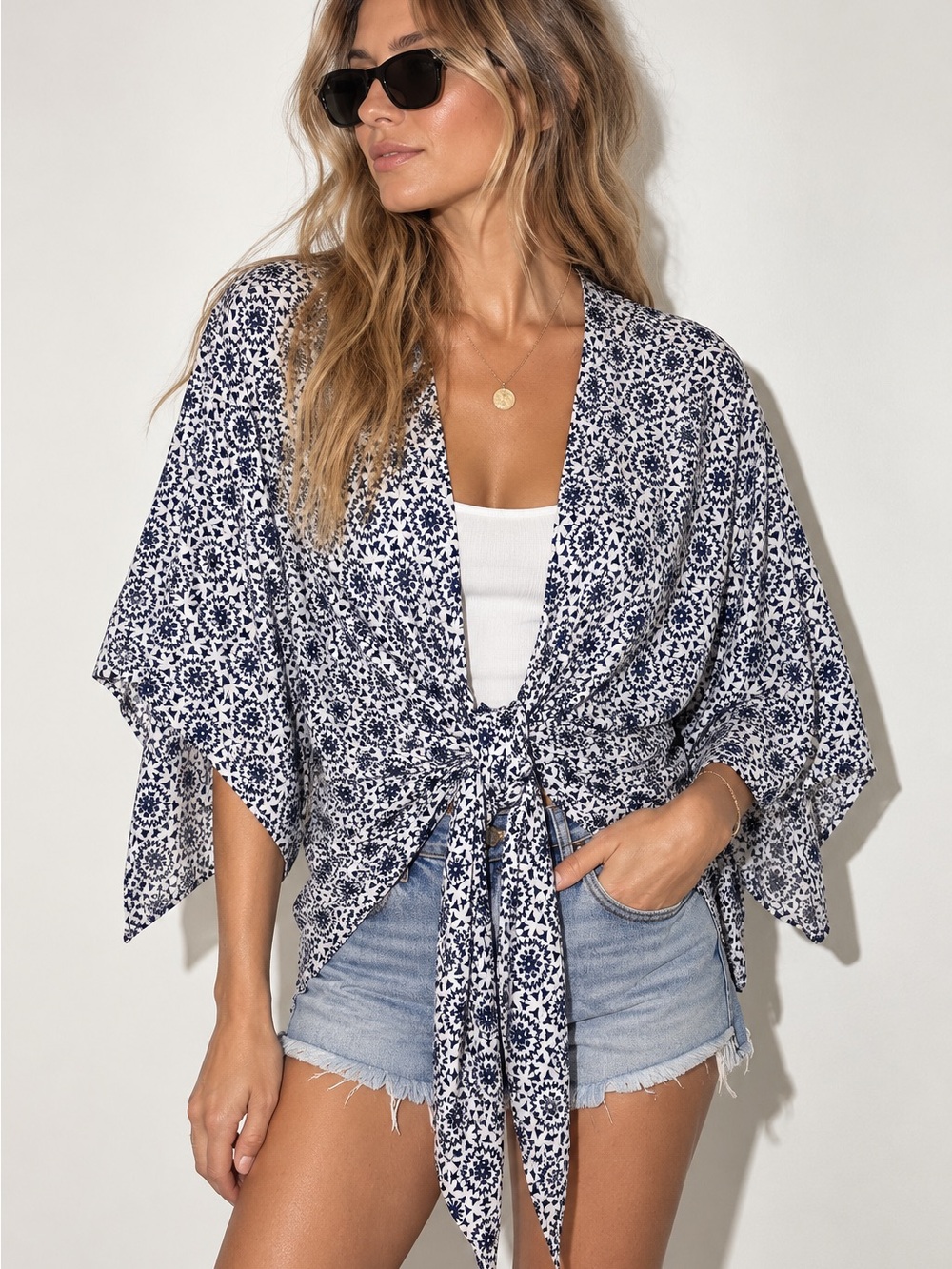 Elan Navy & White Printed Tie Front Kimono Top One Size NWT